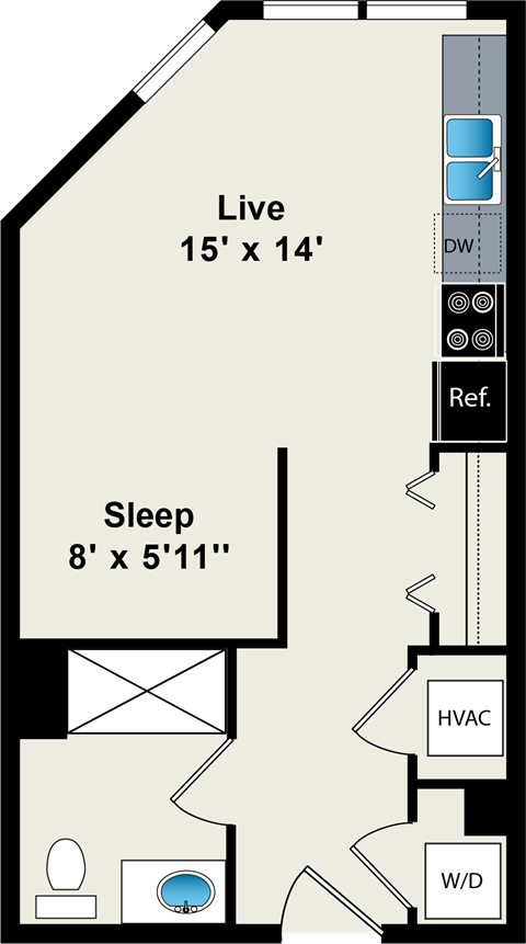 Floor plan for studio, 1 bath, 441 sqft